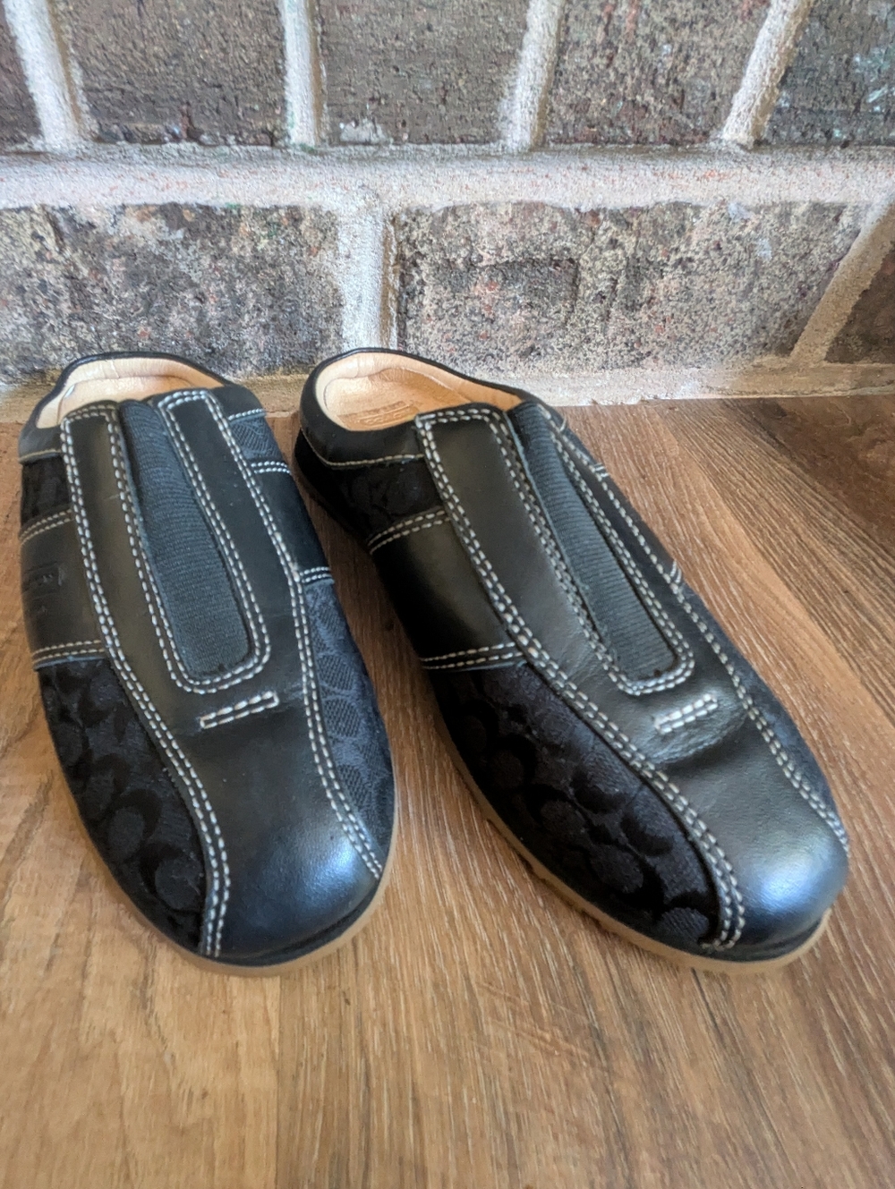 Coach Nadia Black Signature Jacquard & Leather Mules Slides 5.5M